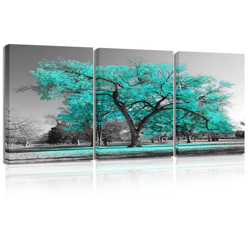 Visual Art Decor Teal and Grey Bedroom Picture for Wall 3 Pieces Turquoise Blossom Tree of Life Canvas Prints Framed Tree Painting Artwork for Modern Living Room Home Office Bathroom Decoration - Image 1